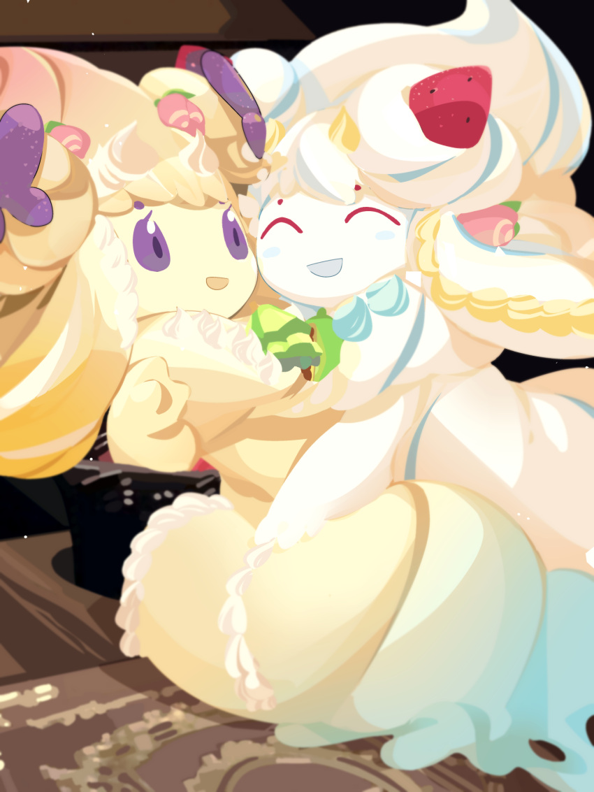 2girls ^_^ alcremie alcremie_(lemon_cream) alcremie_(ribbon_sweet) alcremie_(salted_cream) alcremie_(strawberry_sweet) bangs berry_(pokemon) blonde_hair blue_hair blush blush_stickers bow brown_background closed_eyes colored_sclera colored_skin commentary_request cream durin_berry english_commentary food food-themed_hair_ornament fruit hair_bow hair_ornament happy highres hug kebia_berry kuroi_moyamoya long_hair mixed-language_commentary multicolored_hair multiple_girls open_mouth partial_commentary peach peach_hair_ornament pokemon pokemon_(creature) purple_bow purple_eyes purple_sclera smile strawberry strawberry_hair_ornament streaked_hair two-tone_hair white_hair white_skin yellow_skin