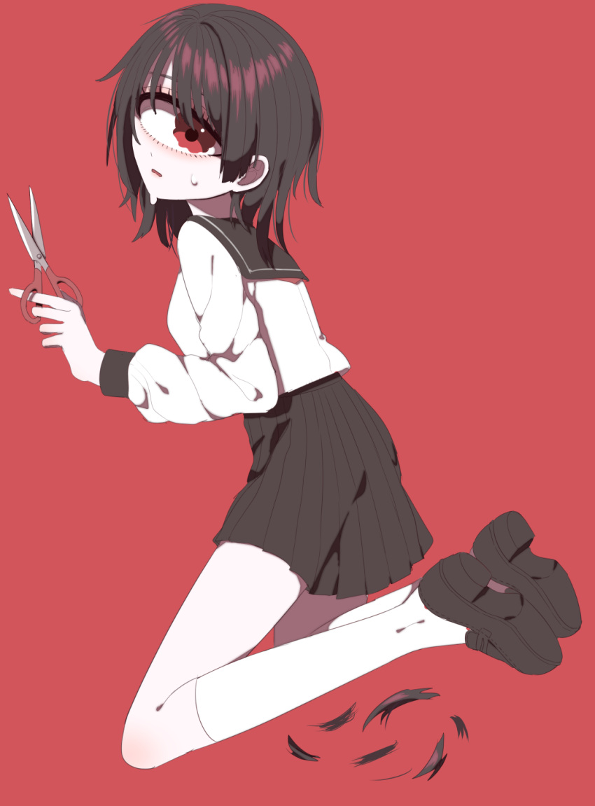 1girl azen_(mntimcczgrtn) black_hair brown_footwear brown_sailor_collar brown_skirt cutting_hair cutting_own_hair cyclops from_side highres holding holding_scissors long_sleeves looking_at_viewer looking_to_the_side medium_hair one-eyed original parted_lips red_background sailor_collar school_uniform scissors shirt shoes simple_background skirt socks solo wavy_eyes white_shirt white_socks