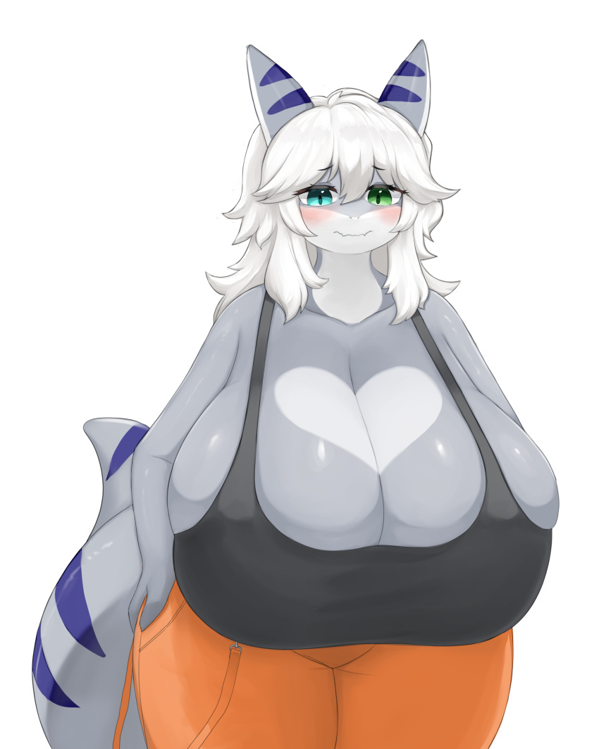 absurd_res anthro big_breasts bottomwear breasts cleavage clothed clothing female fish hi_res huge_breasts hyper hyper_breasts inake marine pants shark simple_background solo white_background