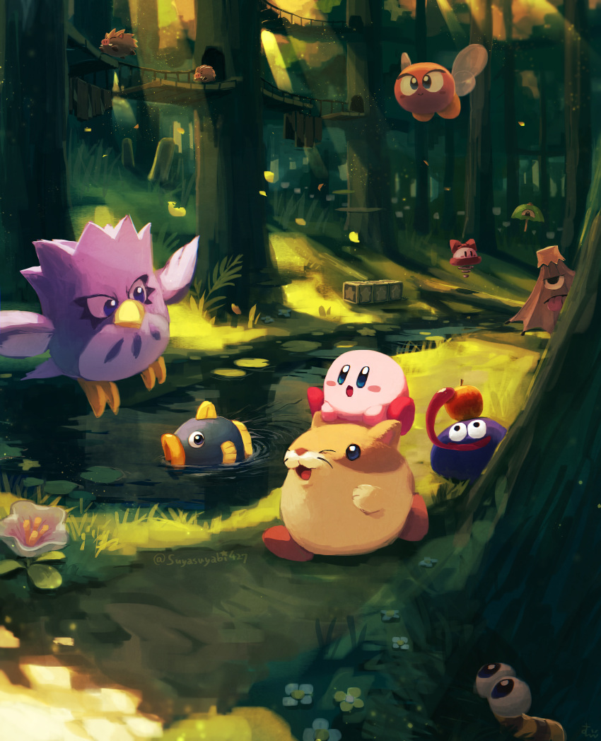 absurdres autumn bird character_request day forest hamster highres kirby kirby_(series) nature outdoors rick_(kirby) scenery suyasuyabi tree twitter_username umbrella
