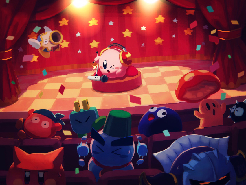 bandana bandana_waddle_dee blue_bandana cappy_(kirby) character_request checkered_floor chilly_(kirby) confetti copy_ability gooey_(kirby) gordo headphones highres kirby kirby_(series) meta_knight microphone no_humans one_eye_closed plugg_(kirby) revision scarfy stage star_(symbol) suyasuyabi sweat theater