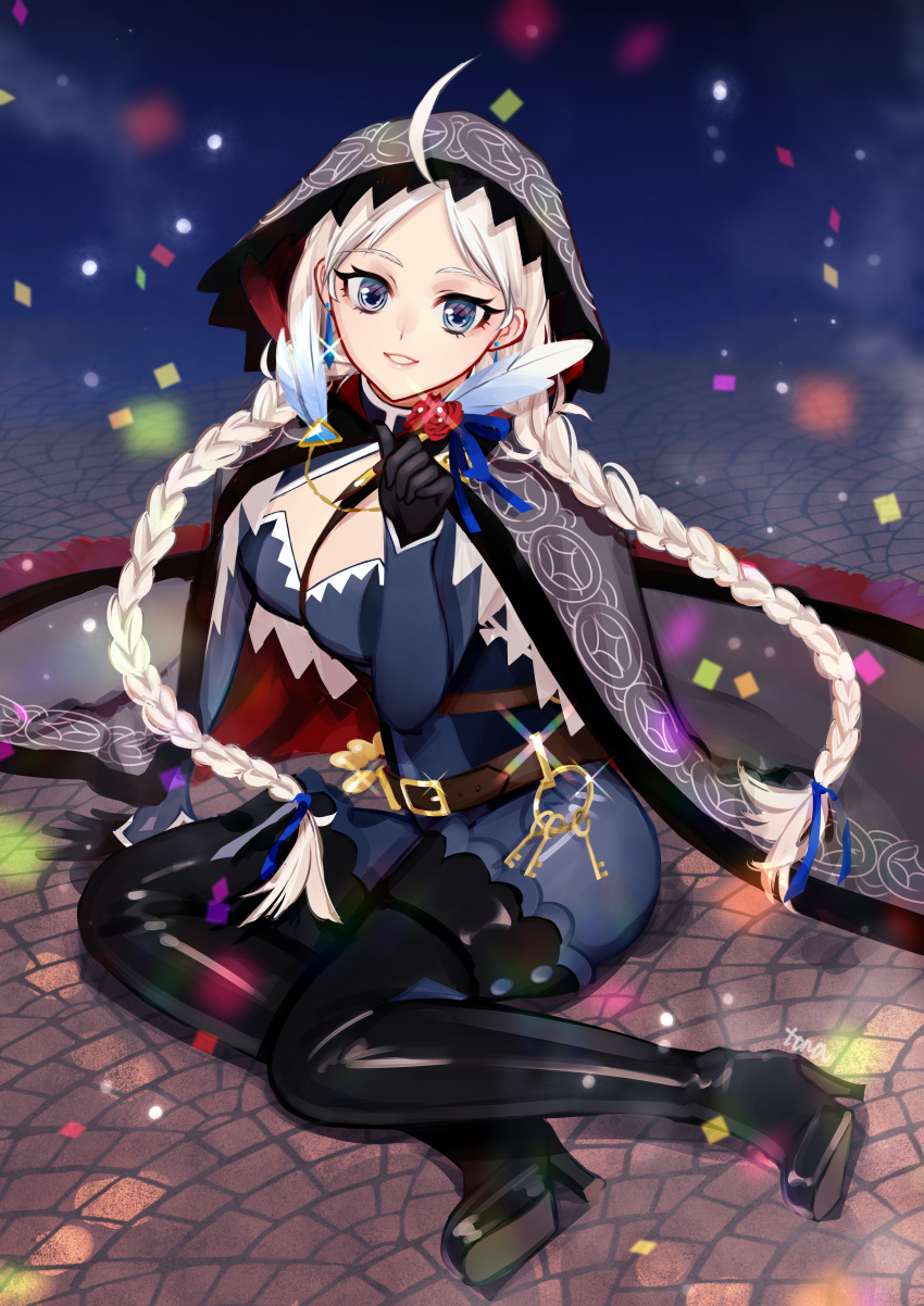 1girl absurdres ahoge bag bangs black_cape black_footwear blue_bodysuit blue_eyes blue_ribbon bodysuit boots braid breasts cape commission commissioner_upload confetti fire_emblem fire_emblem_fates fire_emblem_heroes flower full_body hair_ribbon harness highres holding holding_quill hood hood_up hooded_cape key keyring latex latex_bodysuit leather_belt long_hair looking_at_viewer low_twintails medium_breasts night nina_(fire_emblem) non-web_source o-ring official_alternate_costume on_floor parted_bangs quill red_cape red_flower red_rose ribbon rose satchel skeb_commission skin_tight smile solo thigh_boots tona1071103 turtleneck twin_braids twintails two-tone_bodysuit two-tone_cape white_hair