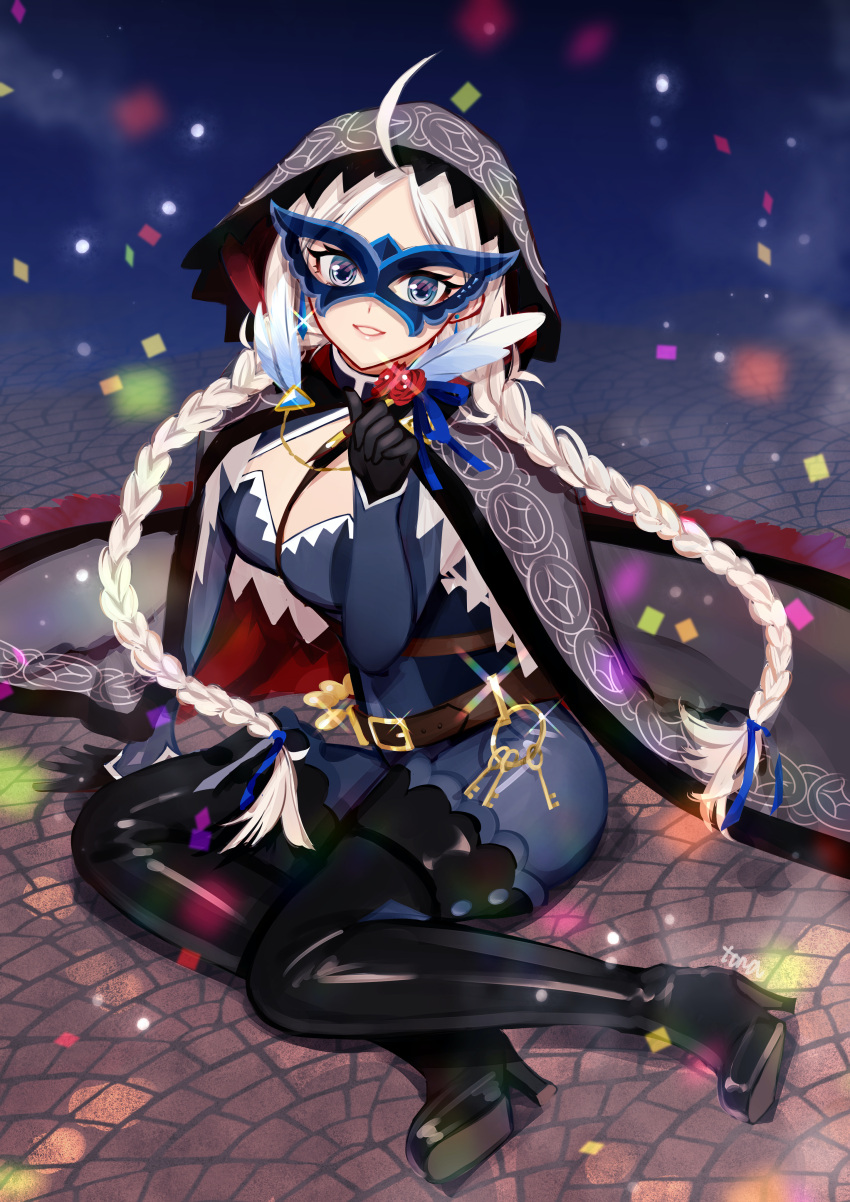 1girl absurdres ahoge bag bangs black_cape black_footwear blue_bodysuit blue_eyes blue_mask blue_ribbon bodysuit boots braid breasts cape commission commissioner_upload confetti eye_mask fire_emblem fire_emblem_fates fire_emblem_heroes flower full_body hair_ribbon harness highres holding holding_quill hood hood_up hooded_cape key keyring latex latex_bodysuit leather_belt long_hair looking_at_viewer low_twintails medium_breasts night nina_(fire_emblem) o-ring official_alternate_costume on_floor parted_bangs quill red_cape red_flower red_rose ribbon rose satchel skeb_commission skin_tight smile solo thigh_boots tona1071103 turtleneck twin_braids twintails two-tone_bodysuit two-tone_cape white_hair