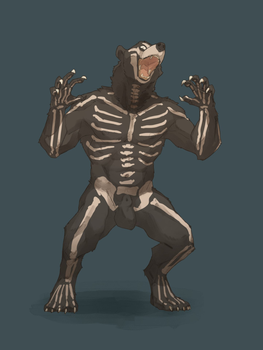 2019 abs animal_genitalia anthro black_body bone claws fully_sheathed genitals hi_res looking_at_viewer male mammal markings muscular navel nipples nude open_mouth pngx_(artist) pose raised_arms roaring sheath simple_background skeleton skeleton_(marking) smile snarling solo standing ursid