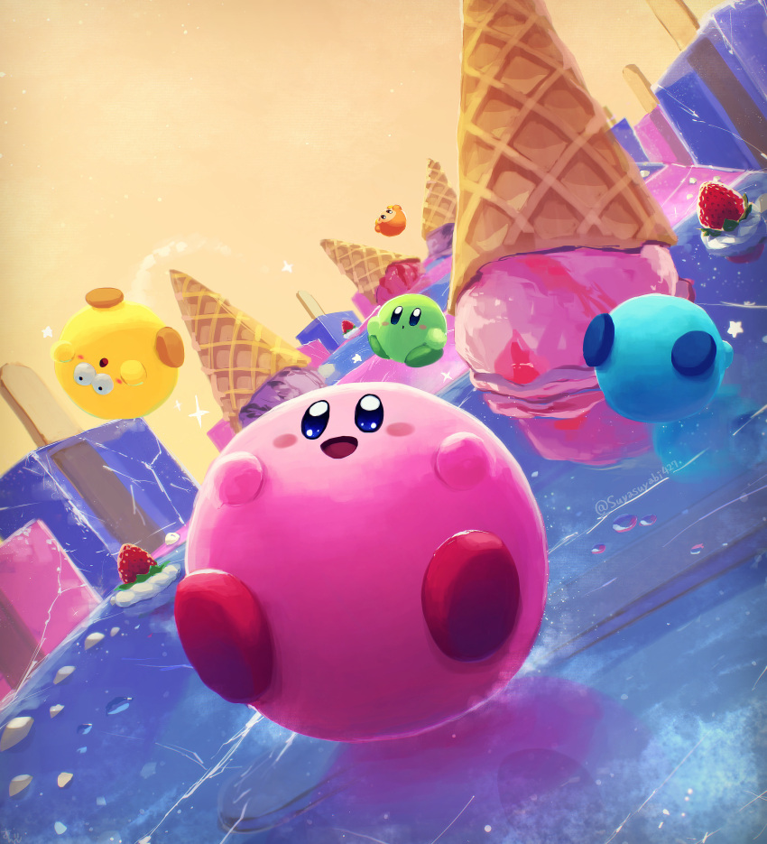 absurdres blush food fruit highres ice ice_cream ice_cream_cone kirby kirby's_dream_buffet kirby_(series) open_mouth outdoors smile strawberry suyasuyabi waddle_dee