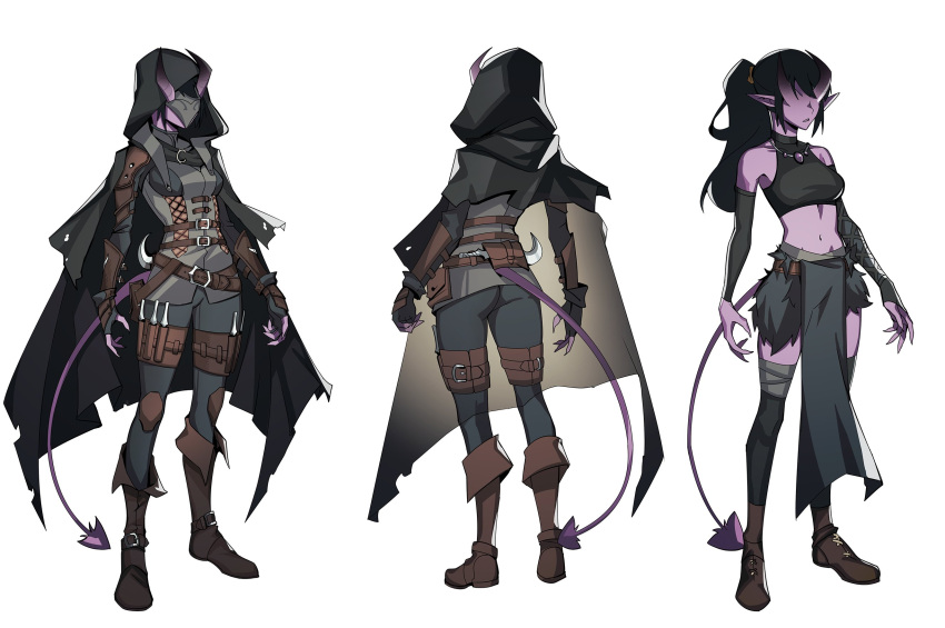 1girl ass bare_shoulders belt black_cape black_hair boots breasts brown_footwear cape colored_skin commission detached_sleeves distr fingerless_gloves fold-over_boots gloves grey_pants highres hood hood_up hooded_cape horns jewelry mask medium_breasts multiple_belts multiple_views necklace no_eyes original pants parted_lips pointy_ears ponytail pouch purple_skin reference_sheet simple_background standing tail thigh_strap white_background