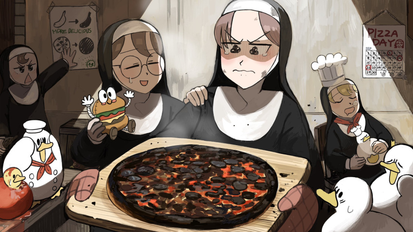 4girls :d =_= animal bird blonde_hair brown_eyes brown_hair burnt burnt_food calendar_(object) catholic chef_hat chicken clumsy_nun_(diva) commentary disappointed diva_(hyxpk) duck duckling english_commentary food froggy_nun_(diva) glasses glasses_nun_(diva) habit hand_on_another's_shoulder hand_on_wall hat highres holding holding_animal holding_bird hungry_nun_(diva) little_nuns_(diva) multiple_girls neckerchief nose_bubble nun oven_mitts pizza poster_(object) red_hair red_neckerchief shaded_face sleeping smile smirk stuffed_toy surprised tearing_up tomato_sauce triangle_mouth wavy_eyes wavy_mouth
