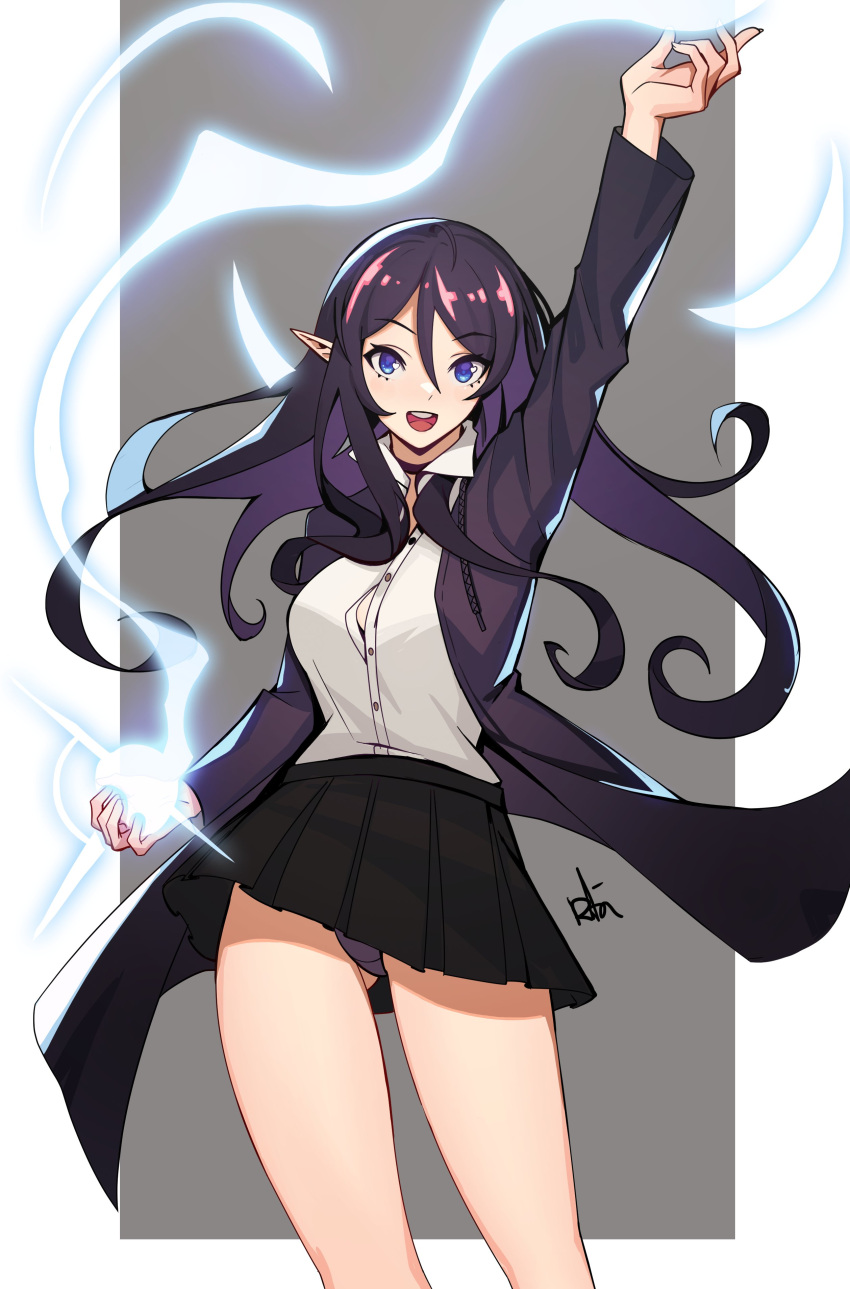 1girl :d absurdres arm_above_head black_choker black_coat black_skirt blue_eyes border choker coat colored_inner_hair commission distr floating_hair highres looking_at_viewer magic multicolored_hair open_clothes open_coat open_mouth original outside_border panties pantyshot pleated_skirt purple_hair purple_panties shirt skirt smile solo standing underwear white_border white_shirt
