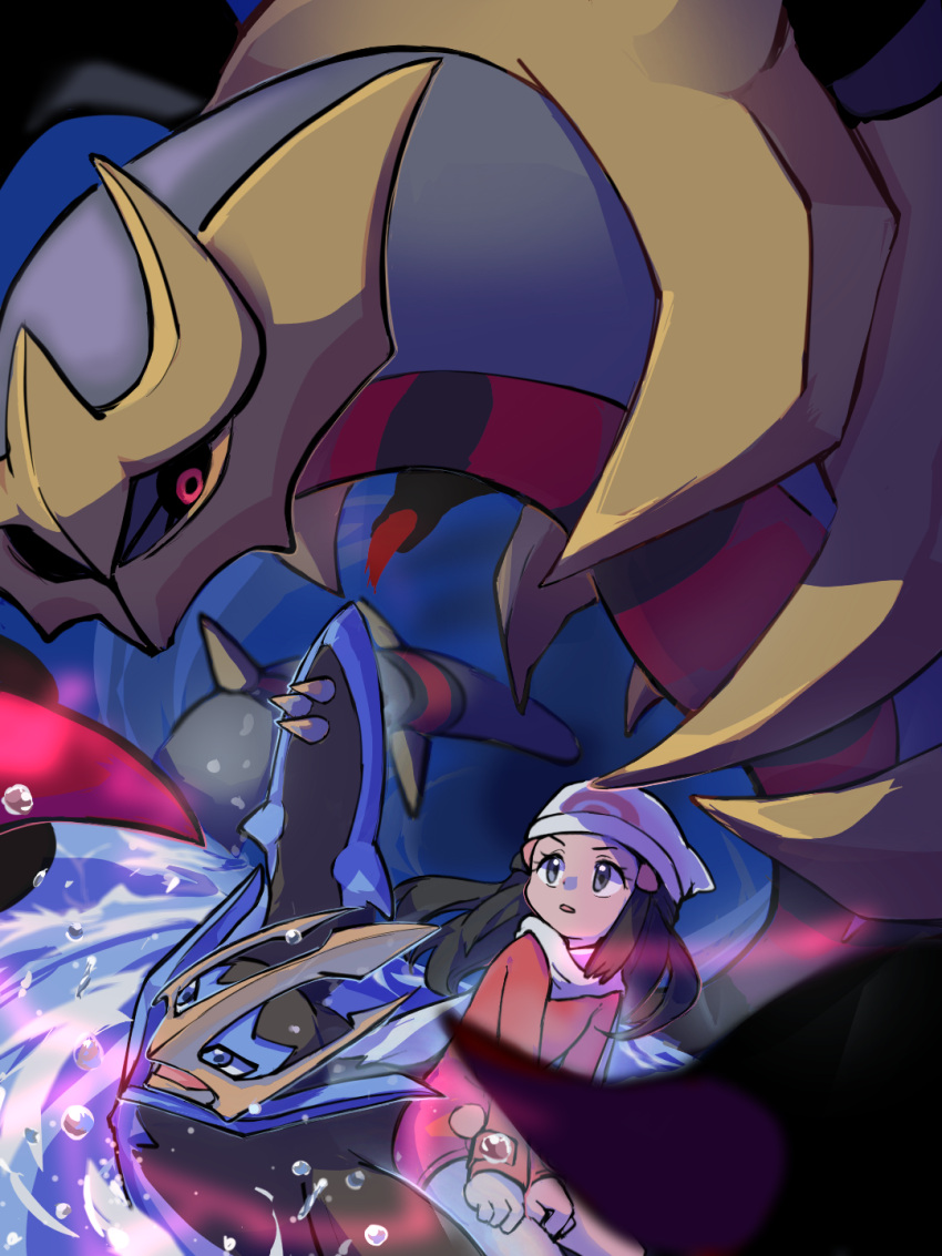 1girl beanie claws coat commentary_request dawn_(pokemon) empoleon eyelashes giratina giratina_(origin) grey_eyes hair_ornament hairclip hat highres long_hair long_sleeves looking_up miyahiroshima parted_lips poke_ball_print pokemon pokemon_(creature) pokemon_(game) pokemon_dppt pokemon_platinum red_coat scarf water water_drop white_headwear white_scarf