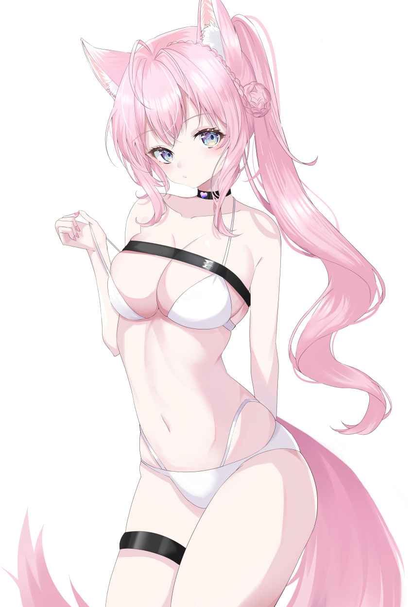 1girl absurdres animal_ears bikini black_choker breasts choker cleavage coyote_ears coyote_girl coyote_tail dreamoon grey_eyes hakui_koyori highres hololive large_breasts long_hair navel pink_hair ponytail simple_background solo stomach swimsuit thigh_strap virtual_youtuber white_background white_bikini