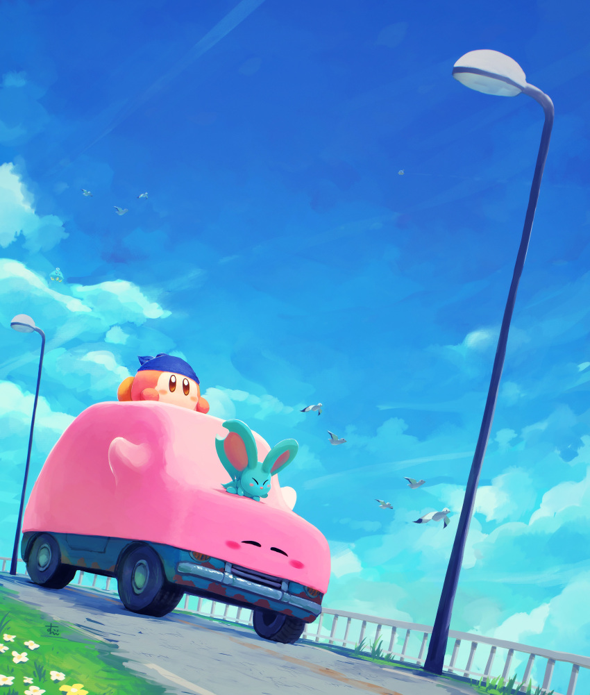 absurdres bandana bandana_waddle_dee bird blue_bandana blue_sky car day elfilin ground_vehicle highres kirby kirby_(series) kirby_and_the_forgotten_land lamppost motor_vehicle outdoors railing road scenery sky suyasuyabi