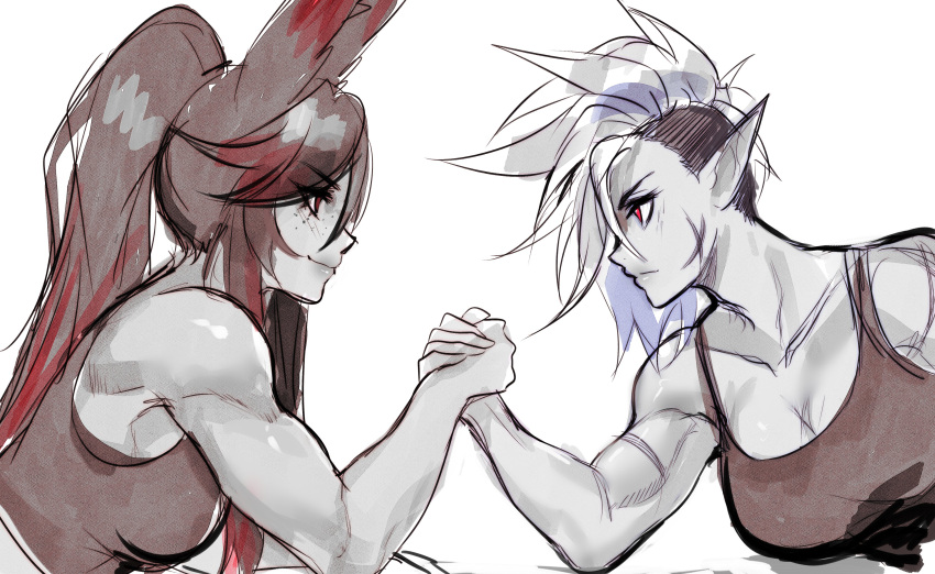 2girls absurdres animal_ears arm_wrestling biceps breasts closed_mouth eye_contact female_orc from_side highres holding_hands kana_(kanabnuuy) large_breasts looking_at_another mohawk multicolored_hair multiple_girls muscular muscular_female nsfwolf orc original ponytail profile rabbit_ears red_eyes simple_background sketch smile streaked_hair white_background