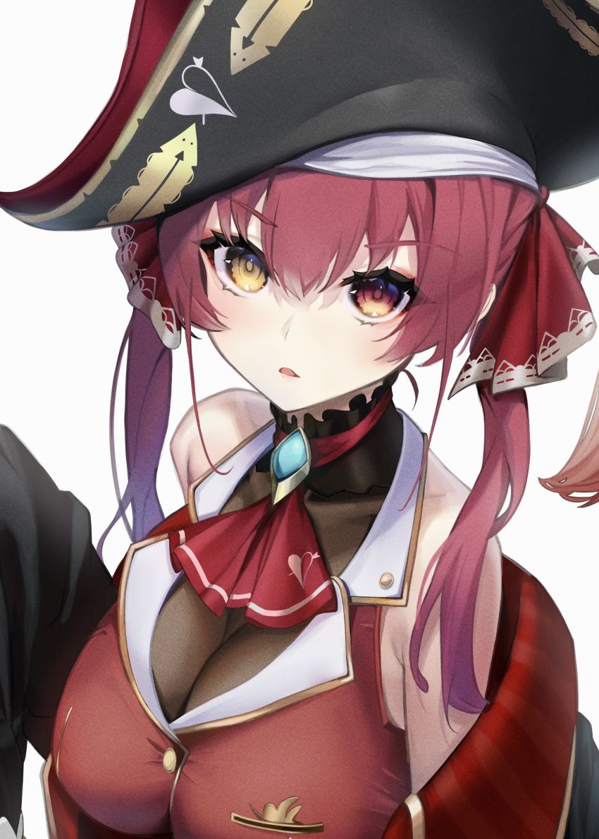 1girl absurdres ascot bare_shoulders bicorne black_collar black_headwear black_jacket breasts brooch cleavage collar cropped_jacket daiiichukiii frilled_collar frills hat highres hololive houshou_marine jacket jewelry large_breasts long_hair long_sleeves off_shoulder parted_lips pirate_hat red_ascot red_eyes red_hair red_jacket simple_background sleeveless sleeveless_jacket solo twintails virtual_youtuber white_background yellow_eyes