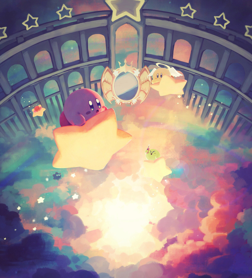 angel_wings blue_eyes blush_stickers cellphone cloud dimension_mirror gooey_(kirby) halo highres kirby kirby_(series) kirby_and_the_amazing_mirror no_humans phone pillar shadow_kirby star_(symbol) suyasuyabi sword warp_star weapon wings