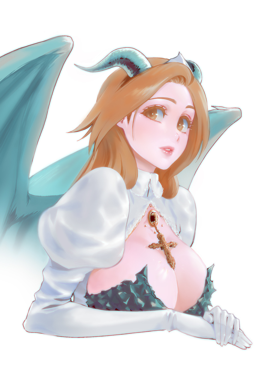 1girl absurdres bleach breasts cleavage commentary cross dragon_girl dragon_horns dragon_wings english_commentary gloves highres horns inoue_orihime large_breasts lips long_hair long_sleeves looking_at_viewer orange_eyes orange_hair parted_lips rozuberry solo upper_body white_background white_glooves wings