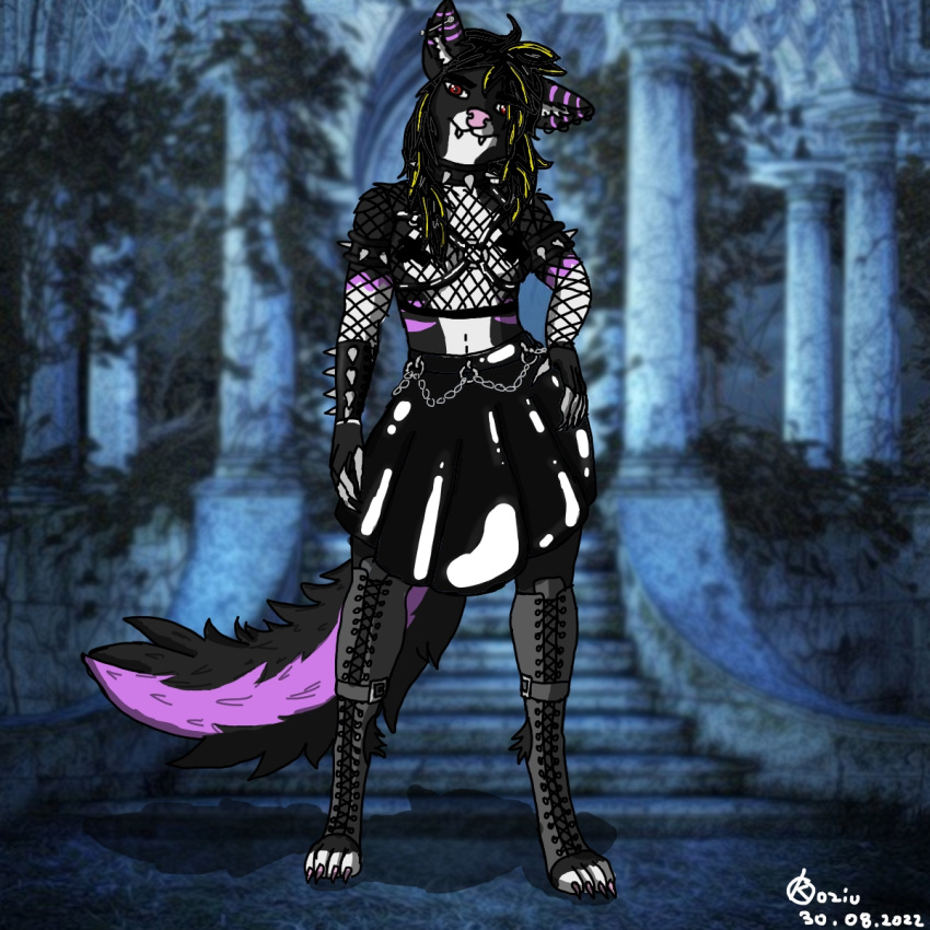 anthro black_body black_fur black_hair blonde_hair boots canid canine canis chain chest_harness claws clothing collar cuffs_(clothing) feet female finger_claws footwear fur hair harness hi_res koziu_(artist) latex_clothing latex_dress mammal mariko_(koziu) metal_finger_claws pasties photo_background pink_body pink_fur pink_nose red_eyes ruins solo spikes teeth_visible toe_claws toes white_body white_fur wolf
