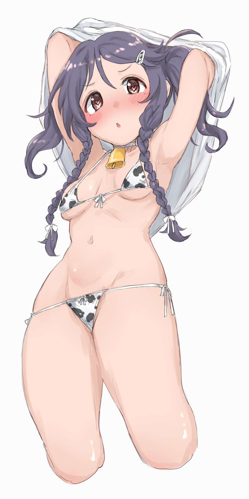 1girl :o absurdres animal_print armpits arms_up bell bikini blush braid breasts breasts_apart cow_print cropped_legs full-face_blush groin highres idolmaster idolmaster_cinderella_girls looking_at_viewer micro_bikini miyoshi_sana navel neck_bell print_bikini shirt side-tie_bikini_bottom small_breasts solo swimsuit undressing wasabijoyu76 white_shirt