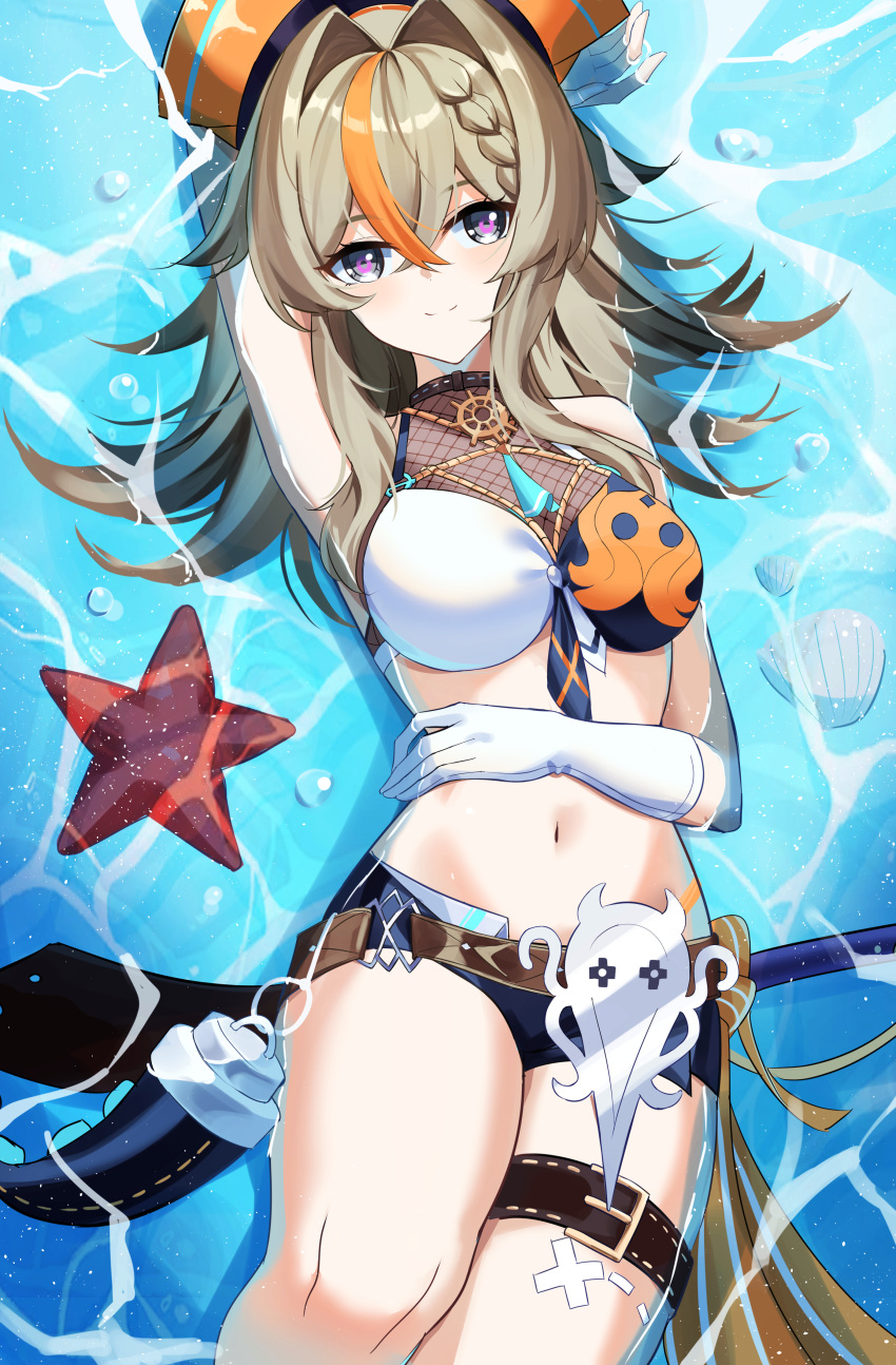 1girl absurdres armpits asymmetrical_shorts bangs bare_shoulders bikini braid braided_bangs breasts cowboy_shot crossed_bangs czk elbow_gloves fishnets front-tie_bikini_top front-tie_top gloves grey_eyes hair_between_eyes hair_intakes highres honkai_(series) honkai_impact_3rd knee_up large_breasts long_hair looking_at_viewer lying multicolored_hair navel on_back partially_submerged purple_eyes short_shorts shorts smile streaked_hair swimsuit vill-v water white_gloves