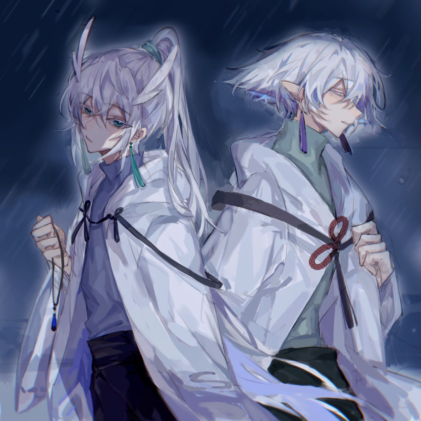 2boys back-to-back bai_xiao bishounen blue_eyes bob_cut chishuixiaowangzi closed_eyes daleth_(sky:_children_of_the_light) earrings grey_hair high_ponytail highres holding inverted_bob jewelry male_focus multiple_boys pointy_hair ponytail profile short_hair sky:_children_of_the_light tassel tassel_earrings white_hair