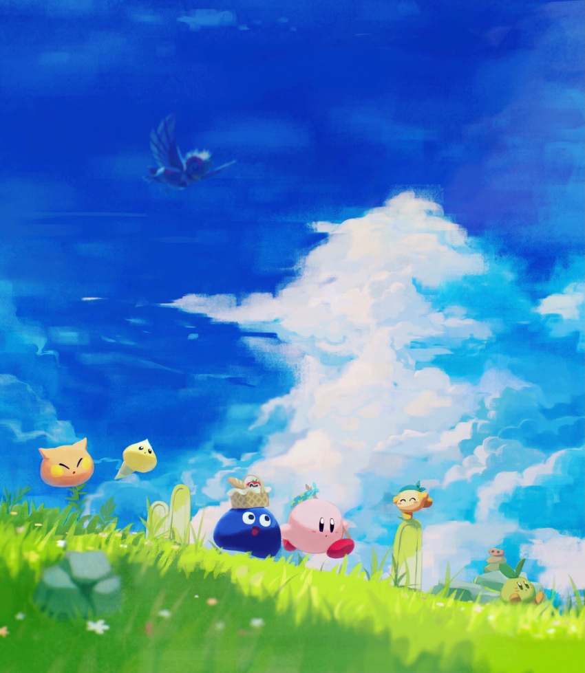 absurdres banana bandana bandana_waddle_dee basket beanbon blue_bandana bug butterfly cairn cappy_(kirby) character_request check_character chip_(kirby) closed_eyes cloud cloudy_sky dyna_blade floating flower food fruit gooey_(kirby) grass grasslands happy hataraku_ufo highres jobski kirby kirby_(series) leaf maxim_tomato mushroom open_mouth outdoors revision running scarfy scenery sky smile stone suyasuyabi ufo_(kirby) waddle_dee