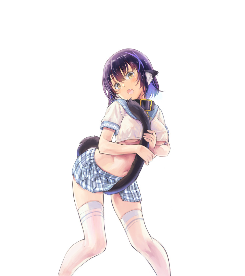 1girl animal_ear_fluff animal_ears bangs between_legs black_collar breasts collar commentary_request crop_top fang head_tilt highres holding_own_tail indie_virtual_youtuber kiyama_satoshi kuroike_momimi leaning_forward looking_at_viewer medium_breasts miniskirt navel open_mouth plaid plaid_skirt pleated_skirt purple_hair shirt short_sleeves simple_background skirt solo stomach tail tail_between_legs tareme tearing_up timestamp underboob virtual_youtuber white_background white_shirt yellow_eyes