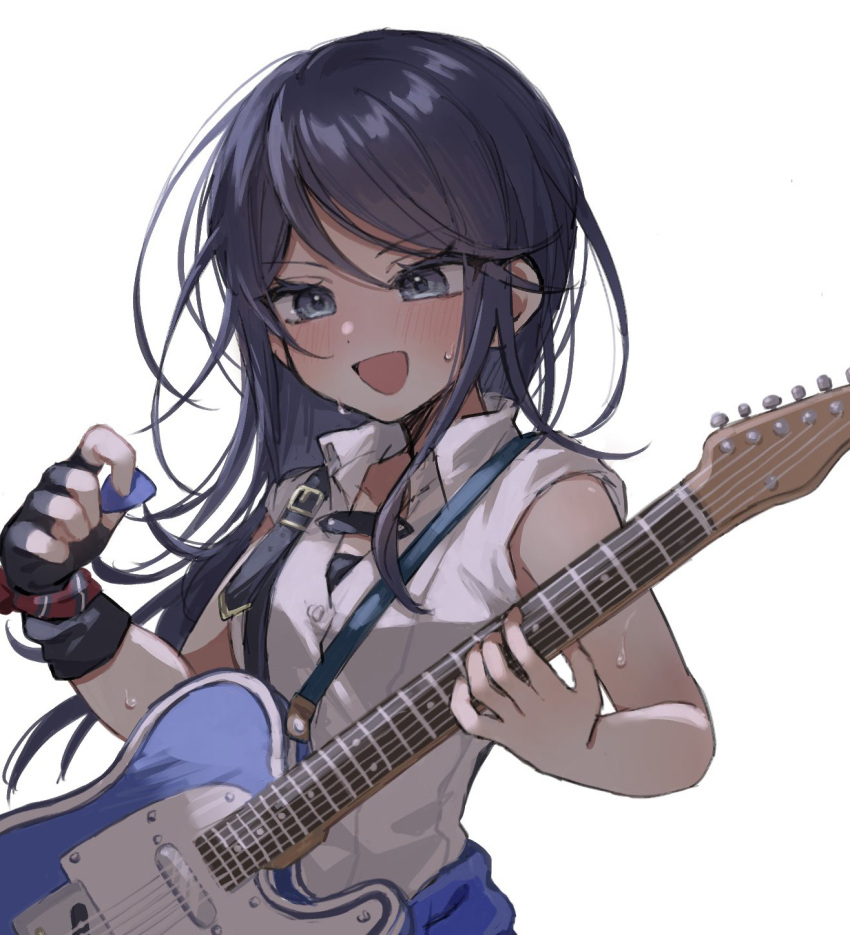 1girl :d black_hair blue_eyes blush collared_shirt commentary dot_nose electric_guitar fender_telecaster fingerless_gloves gloves guitar highres holding holding_plectrum hoshino_ichika_(project_sekai) instrument long_hair mu_ri003 plectrum project_sekai shirt simple_background sleeveless smile solo sweat white_background