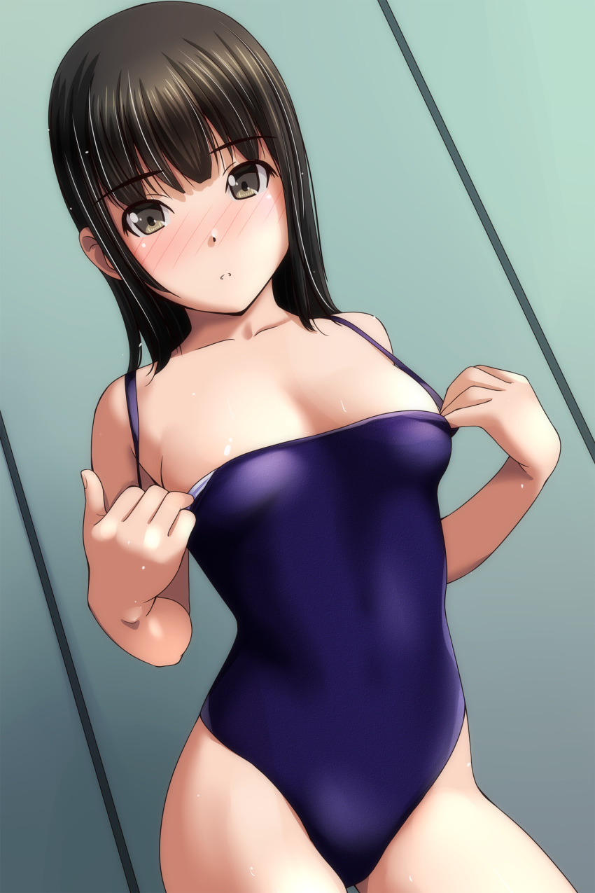 1girl absurdres blue_one-piece_swimsuit borrowed_character breasts brown_hair clothes_pull collarbone contrapposto cowboy_shot dutch_angle highres long_hair matsunaga_kouyou medium_hair one-piece_swimsuit original small_breasts solo swimsuit swimsuit_pull