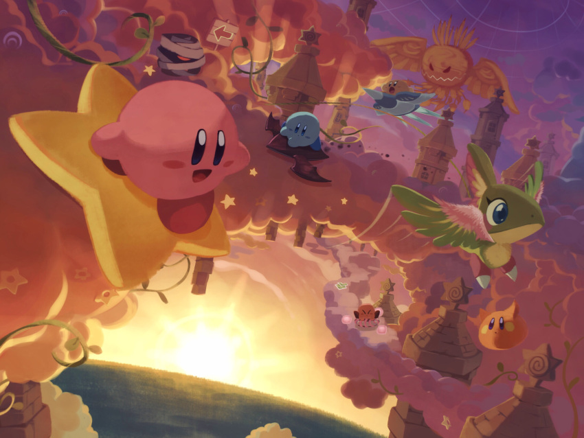 bandages building cloud creature doomer_(kirby) driving flappy_(kirby) grand_doomer happy highres kirby kirby's_return_to_dream_land kirby_(series) kirby_air_ride monster open_mouth outdoors plant revision riding scarfy scenery shadow_star sign sky slick_star smile sodory star_(symbol) sunset suyasuyabi ufo_(kirby) vines warp_star wing_star