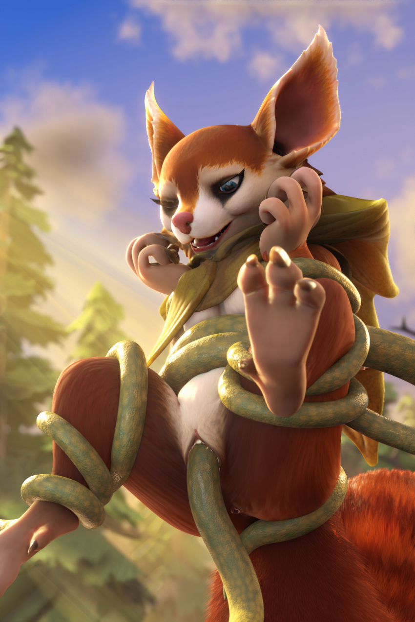 2:3 3d_(artwork) 4_fingers ano_delta anthro anus big_ears big_tail blue_eyes bodily_fluids bodily_fluids_in_pussy bound breasts claws clothing cum digital_media_(artwork) dota ejaculation feet female fingers fluffy fluffy_tail forest forest_background fur genital_fluids genitals grass hi_res hood hoodwink_(dota) mammal nature nature_background nude penetration plant pussy pussy_juice red_body red_fur rodent sciurid solo suspended_in_midair tail_tuft tentacles toes tree tree_squirrel tuft vaginal vaginal_penetration video_games white_body