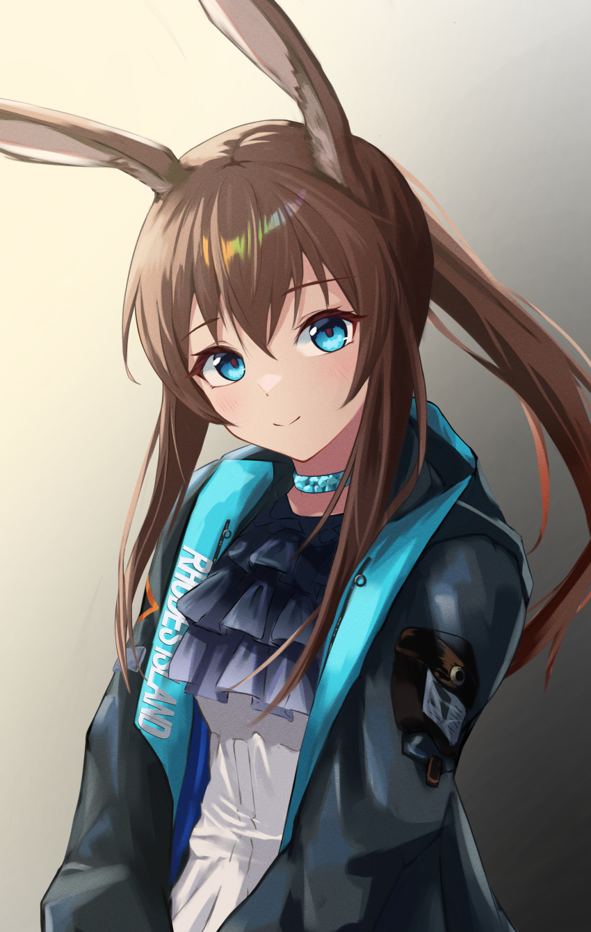 1girl absurdres amiya_(arknights) animal_ears arknights ascot black_jacket blue_ascot blue_collar blue_eyes breasts brown_hair collar grey_background highres jacket jewelry long_hair long_sleeves looking_at_viewer neck_ring nekomatamago open_clothes open_jacket ponytail rabbit_ears rabbit_girl shirt sidelocks simple_background small_breasts smile solo upper_body white_shirt
