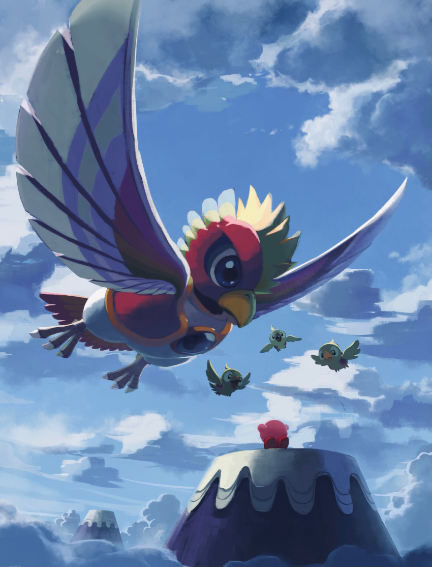 absurdres bird blue_sky character_request check_character cloud day dyna_blade dyna_chick flying highres kirby kirby_(series) looking_at_another outdoors scenery sky suyasuyabi