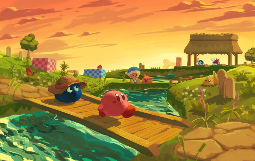 bobo_(kirby) bridge bug butterfly cattail chip_(kirby) closed_eyes dot_mouth gooey_(kirby) gordo hat highres kirby kirby_(series) lalala_(kirby) lololo_(kirby) looking_up outdoors plant poppy_bros_jr river scarfy smile star_(symbol) sun_hat sunset suyasuyabi tree