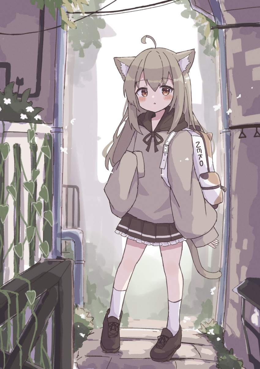 1girl absurdres animal_ears backpack bag black_skirt brown_hair brown_sweater cat_ears cat_girl cat_tail colon_br frilled_skirt frills full_body highres ivy light_brown_hair long_hair long_sleeves miniskirt original skirt sleeves_past_fingers sleeves_past_wrists sweater tail