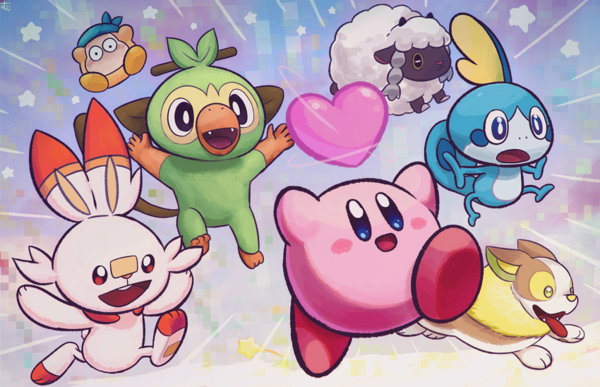 bandana bandana_waddle_dee blue_bandana blue_eyes blush_stickers crossover fangs grookey heart highres kirby kirby:_star_allies kirby_(series) monkey no_humans odd_one_out open_mouth pokemon pokemon_(creature) pokemon_(game) pokemon_swsh rabbit red_eyes scorbunny sheep smile sobble star_(symbol) starter_pokemon_trio suyasuyabi tail tongue tongue_out wooloo yamper yellow_eyes