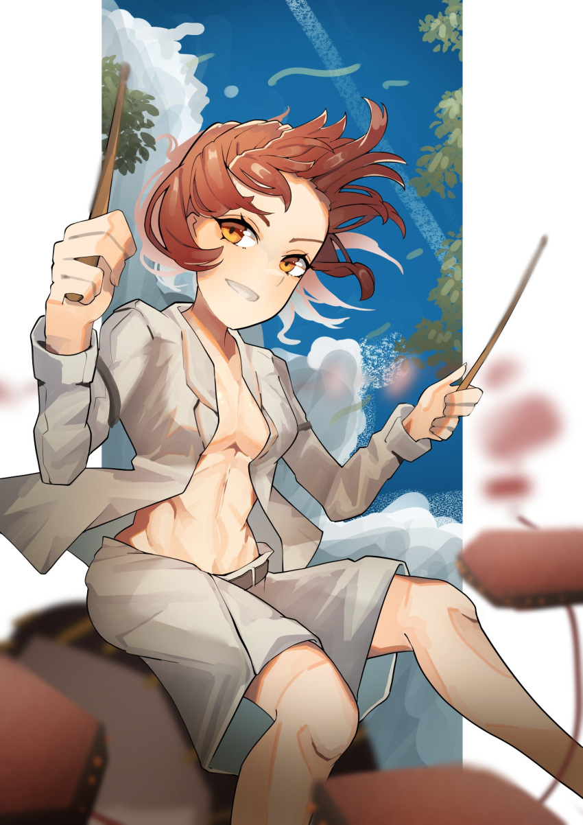 1girl bangs belt breasts cleavage cloud drum drum_set drumsticks grin highres holding holding_drumsticks horikawa_raiko instrument jacket long_sleeves looking_at_viewer medium_breasts midriff open_clothes open_jacket outdoors outside_border red_eyes red_hair short_hair sitting_on_drum skirt smile solo suarokin taiko_drum touhou white_jacket white_skirt