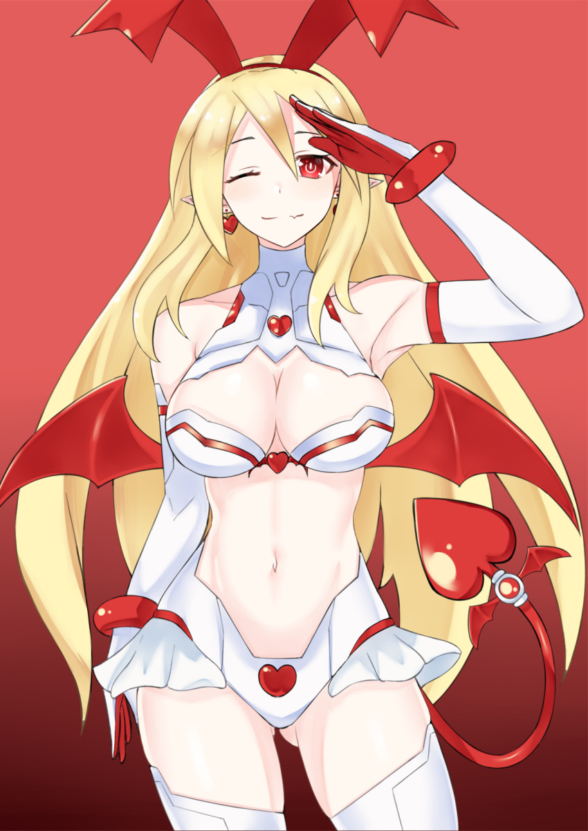 1girl aged_up alternate_costume bare_shoulders blonde_hair bow breasts cleavage demon_girl demon_tail disgaea earrings elbow_gloves fang flonne flonne_(fallen_angel) gloves hair_bow heart heart_earrings highres jewelry large_breasts long_hair looking_at_viewer makai_senki_disgaea microskirt navel neptune_(series) one_eye_closed paid_reward_available pointy_ears power_symbol red_background red_eyes revealing_clothes ribbon salute simple_background skindentation skirt solo symbol-shaped_pupils tail thighhighs very_long_hair white_thighhighs zatsu