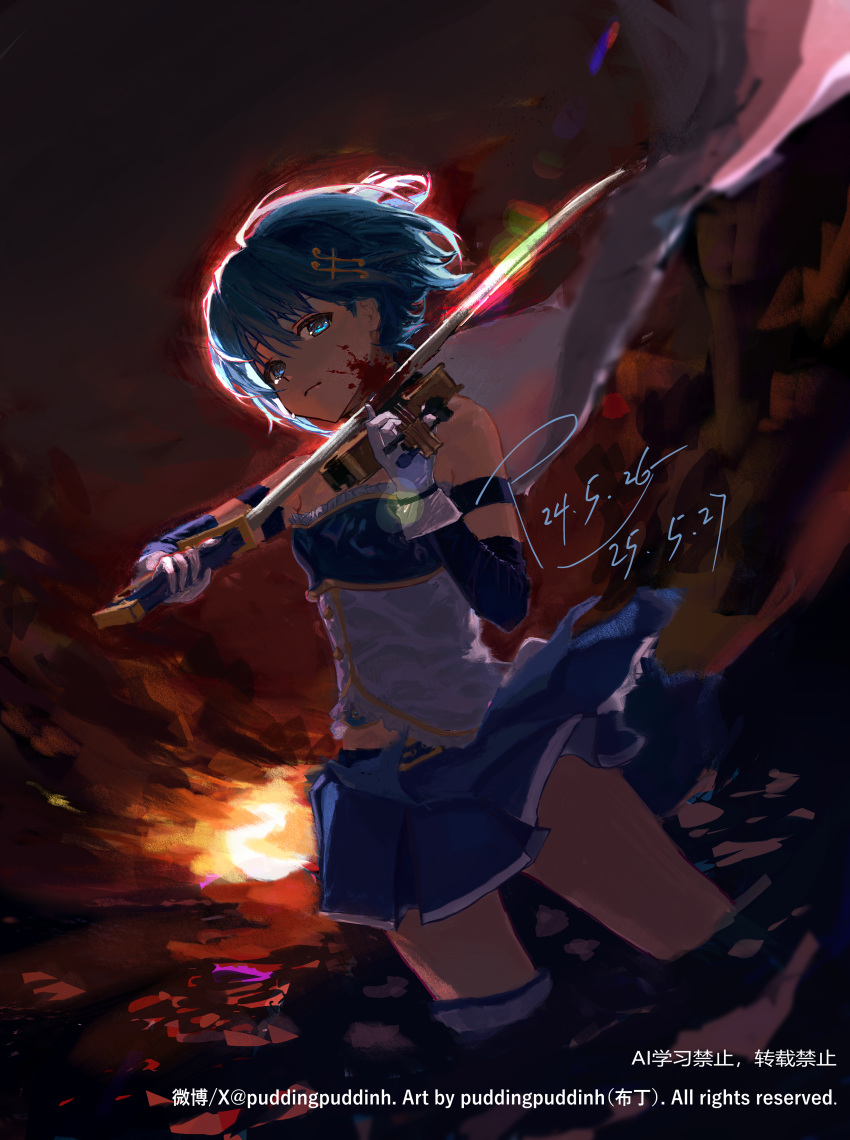 1girl absurdres armlet artist_name bare_shoulders belt belt_buckle blood blood_on_face blue_belt blue_eyes blue_hair blue_shirt blue_skirt blue_sleeves buckle buttons cape chinese_commentary closed_mouth clothing_cutout cloud cloudy_sky commentary_request cowboy_shot dated detached_sleeves diamond_button expressionless floating_cape floating_clothes floating_hair fortissimo frilled_shirt frills gloves gold_buckle gold_buttons hair_between_eyes hair_ornament hairclip highres holding holding_instrument holding_sword holding_violin holding_weapon instrument jewelry light_frown long_sleeves magical_girl mahou_shoujo_madoka_magica mahou_shoujo_madoka_magica_(anime) miki_sayaka miniskirt music musical_note musical_note_hair_ornament ocean orange_sky outdoors playing_instrument pleated_skirt pudding_(puddingpuddinh) shirt short_hair signature skirt sky solo stomach_cutout strapless strapless_shirt sun sunset sword tareme thighhighs twitter_username two-tone_shirt violin wading watermark weapon white_cape white_gloves white_shirt white_thighhighs wind