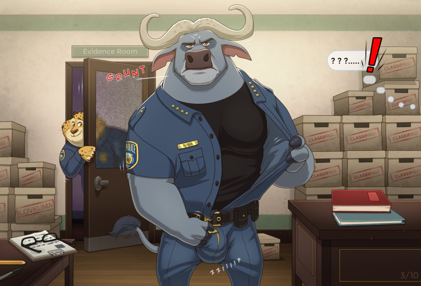 anthro benjamin_clawhauser bovid bovine bulge cheetah chief_bogo clothing disney felid feline hi_res lovkuma male mammal police_uniform true_buffalo undressing uniform unzipping water_buffalo zootopia