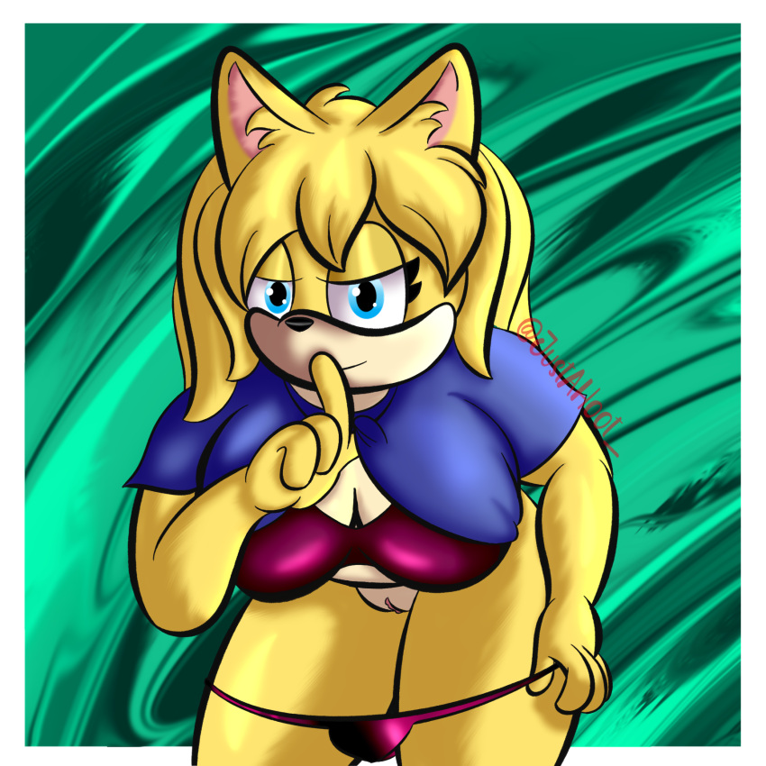 animal_humanoid anthro big_breasts blue_clothing blue_eyes blue_shirt blue_topwear bra breasts clothed clothing clothing_lift eulipotyphlan eulipotyphlan_humanoid fan_character female fur genitals hedgehog hedgehog_humanoid hi_res humanoid justahoot looking_at_viewer mammal mammal_humanoid presenting presenting_breasts pussy shirt shirt_lift simple_background solo topwear underwear yellow_body yellow_fur