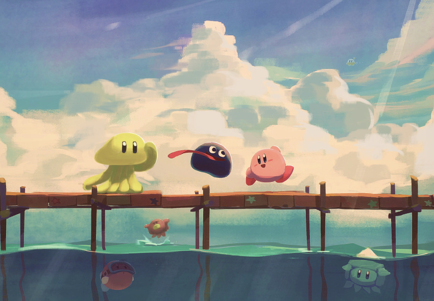 blipper blue_sky blush cloud day goggles gooey_(kirby) highres kirby kirby_(series) long_tongue looking_at_another open_mouth outdoors pier revision sky smile suyasuyabi tongue tongue_out