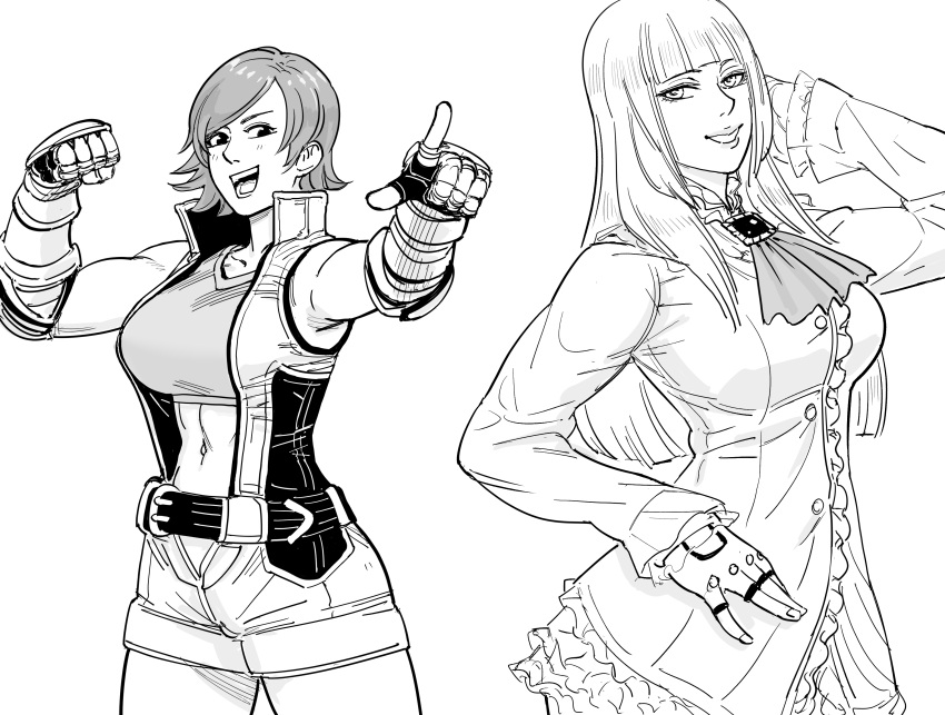 2girls absurdres bangs bb_(baalbuddy) blunt_bangs dress english_text french_text gloves highres kazama_asuka lili_(tekken) long_hair midriff monochrome multiple_girls navel short_hair simple_background speech_bubble tekken tekken_5 translation_request