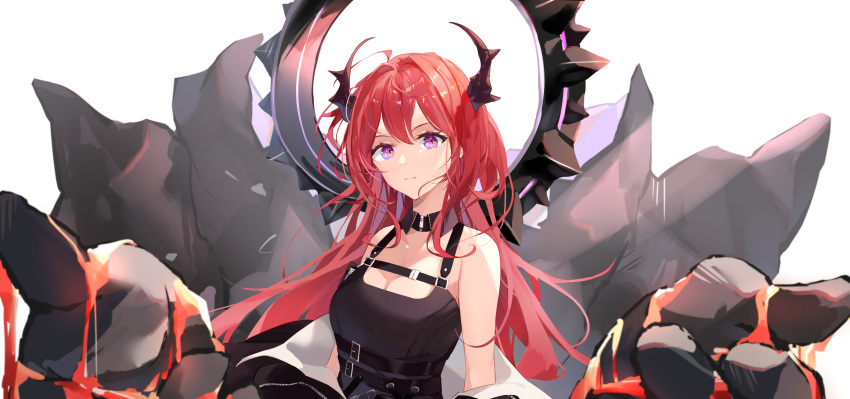 1girl arknights bare_shoulders belt belt_buckle black_belt black_coat black_collar black_dress breasts buckle cleavage closed_mouth coat collar demon_girl demon_horns diamond-shaped_pupils diamond_(shape) dress english_commentary eyelashes hair_between_eyes highres horns id_card iotan_twi light_frown long_hair looking_at_viewer molten_rock monster off_shoulder purple_eyes red_hair surtr_(arknights) symbol-shaped_pupils upper_body very_long_hair