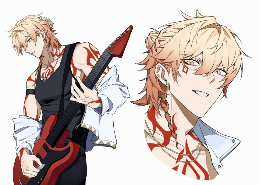 1boy arm_tattoo black_tank_top blonde_hair braid chest_tattoo commentary electric_guitar facial_tattoo gradient_hair guitar highres holding holding_guitar holding_instrument holding_plectrum honkai:_star_rail honkai_(series) instrument jacket jewelry male_focus medium_hair multicolored_hair multiple_views mydei_(honkai:_star_rail) necklace off_shoulder open_clothes open_jacket plectrum red_hair red_tattoo side_braid simple_background tank_top tattoo white_background white_jacket wish_0812 yellow_eyes