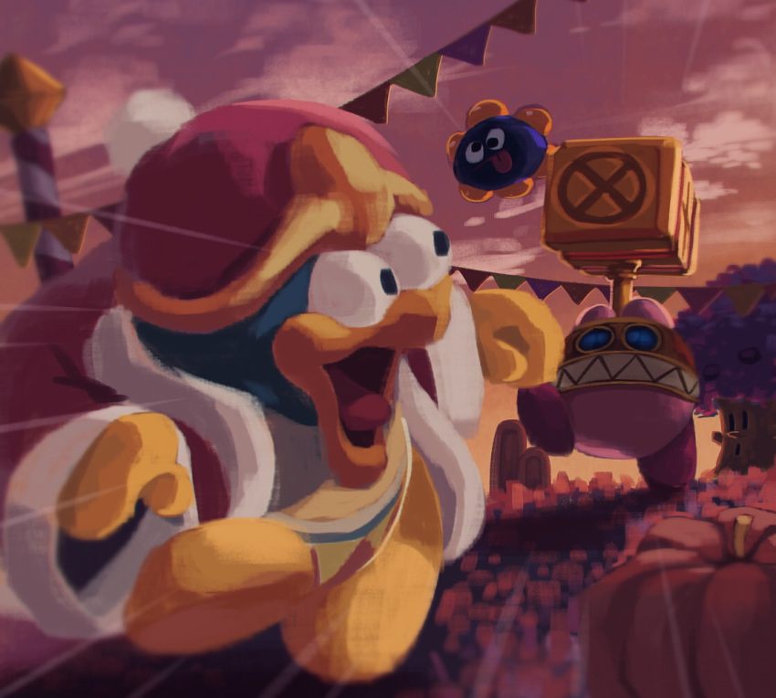 cloud cloudy_sky covered_face flag flying gloves gooey_(kirby) grass hammer hat hataraku_ufo jacket king_dedede kirby kirby_(series) mask open_mouth outdoors pumpkin running sky sunset surprised suyasuyabi tongue tree whispy_woods