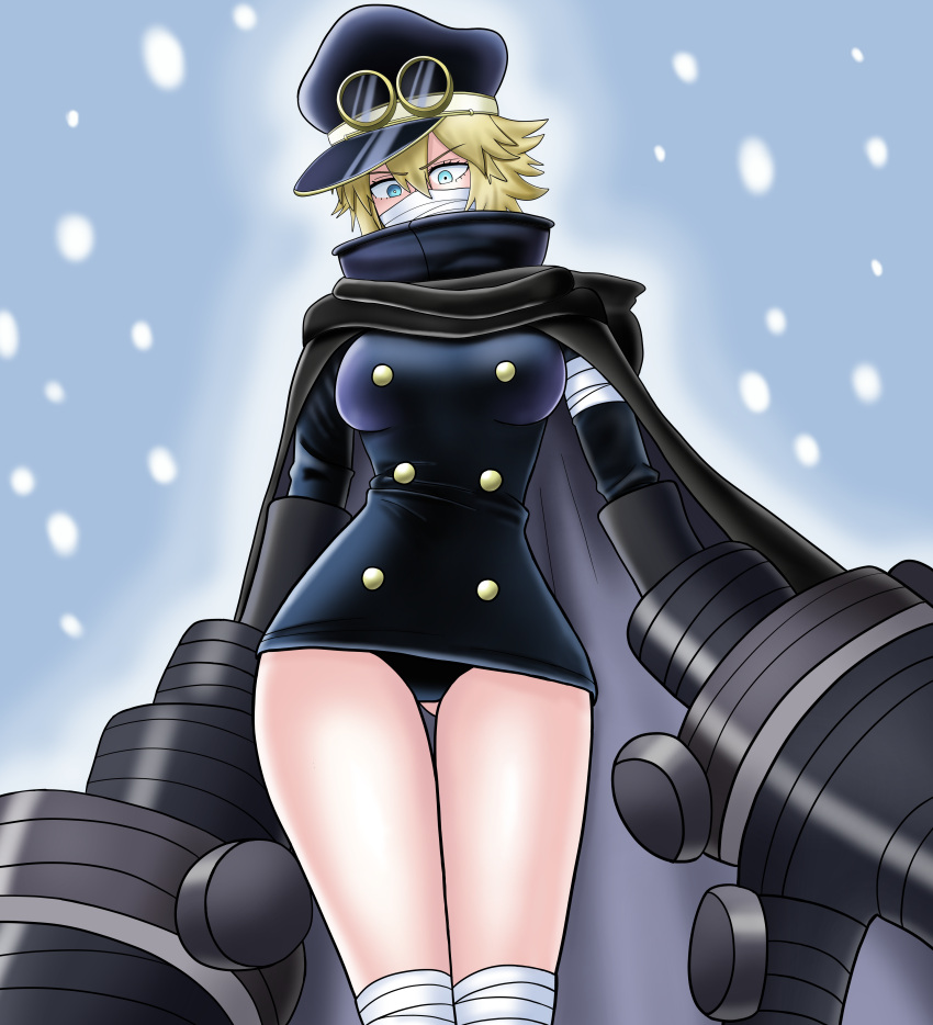 1girl absurdres ass_visible_through_thighs bandages bandages_over_mouth black_cape black_dress black_panties blonde_hair blue_eyes cape commentary dress goggles goggles_on_headwear gunko hat helga highres mask mouth_mask one_piece panties short_hair solo thigh_gap thighs underwear