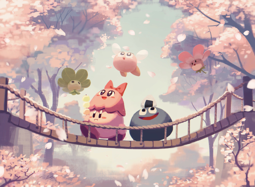 bridge bronto_burt bug butterfly character_request cherry_blossoms closed_mouth day food food_request gooey_(kirby) highres holding holding_food kirby kirby_(series) looking_away onigiri open_mouth outdoors suyasuyabi