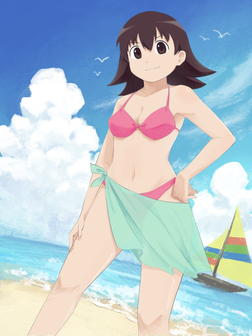 1girl absurdres azumanga_daioh bikini bird boat breasts brown_eyes brown_hair cloud cloudy_sky green_sarong hand_on_own_hip hand_on_own_thigh highres labuyoi looking_at_viewer medium_hair navel pink_bikini sarong sky smile spiked_hair swimsuit takino_tomo thighs watercraft