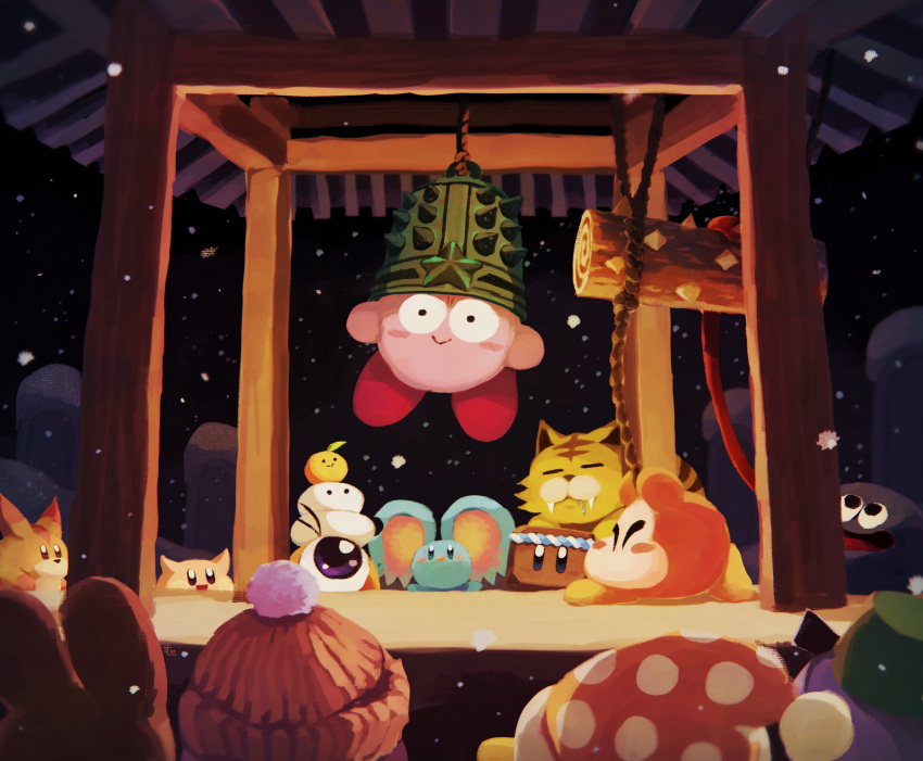 bell blush_stickers chilly_(kirby) elfilin galbel gooey_(kirby) highres kirby kirby_(series) log looking_at_another new_year noddy_(kirby) rocky_(kirby) rope scarfy smile snow suyasuyabi tongue tongue_out waddle_dee waddle_doo wide-eyed