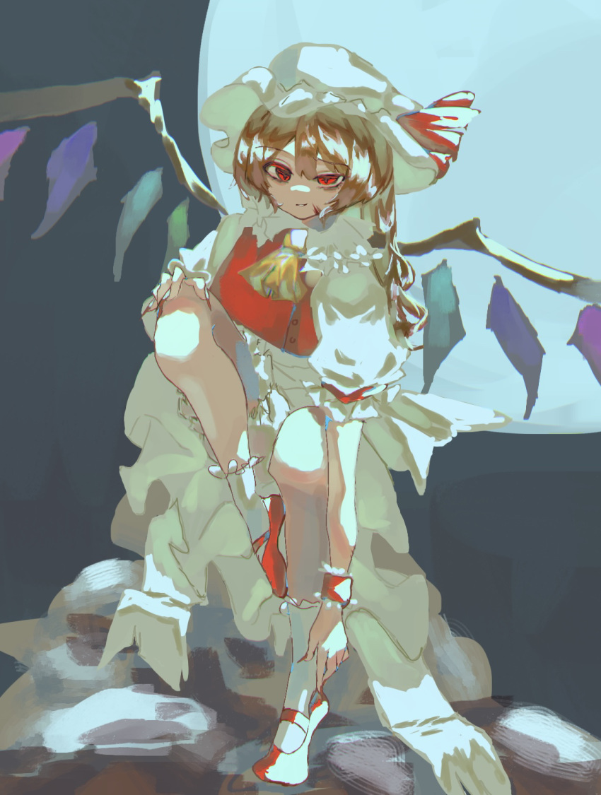 1girl 3you_34 ascot back_bow blonde_hair bloomers bow closed_mouth fingernails flandre_scarlet frilled_socks frills full_body hat highres long_fingernails long_hair looking_at_viewer mary_janes mob_cap multicolored_wings nail_polish puffy_short_sleeves puffy_sleeves red_eyes red_footwear red_nails red_vest sharp_fingernails shiny shiny_hair shirt shoes short_sleeves side_ponytail socks solo touhou underwear vest white_bloomers white_bow white_headwear white_shirt white_socks wings wrist_cuffs yellow_ascot