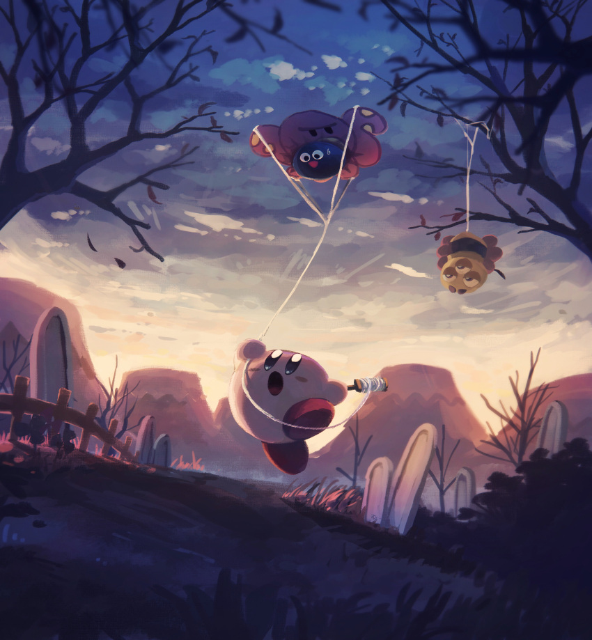 absurdres character_request gooey_(kirby) highres kirby kirby_(series) kite kite_flying looking_at_another open_mouth outdoors scenery sunrise suyasuyabi sweatdrop tree